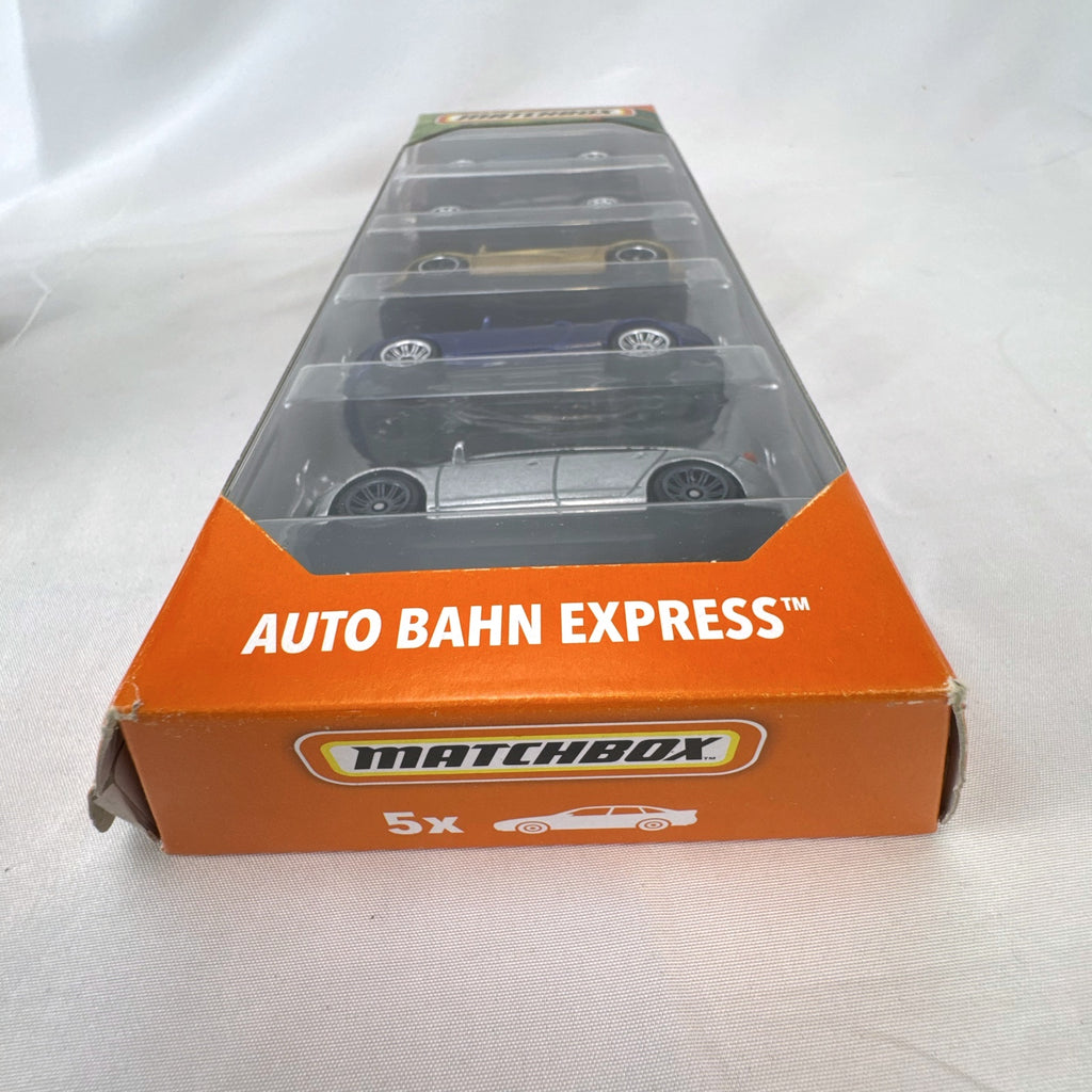 Matchbox Auto Bahn Express 5-pack diecast 1:64 scale car set featuring Audi, Bentley, Mercedes, Volvo, and Lamborghini.