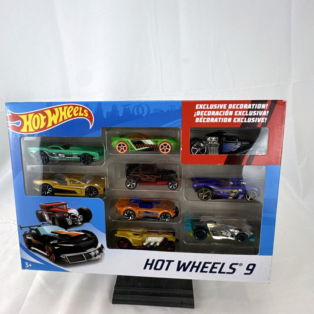 Hot Wheels 9-car boxed gift set including 1:64 scale diecast vehicles and exclusive black Bone Shaker hot rod