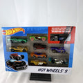 Hot Wheels 9-car boxed gift set including 1:64 scale diecast vehicles and exclusive black Bone Shaker hot rod