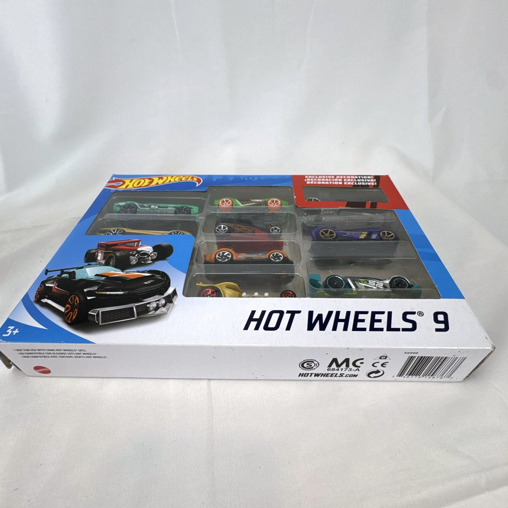 Hot Wheels 9-car boxed gift set including 1:64 scale diecast vehicles and exclusive black Bone Shaker hot rod