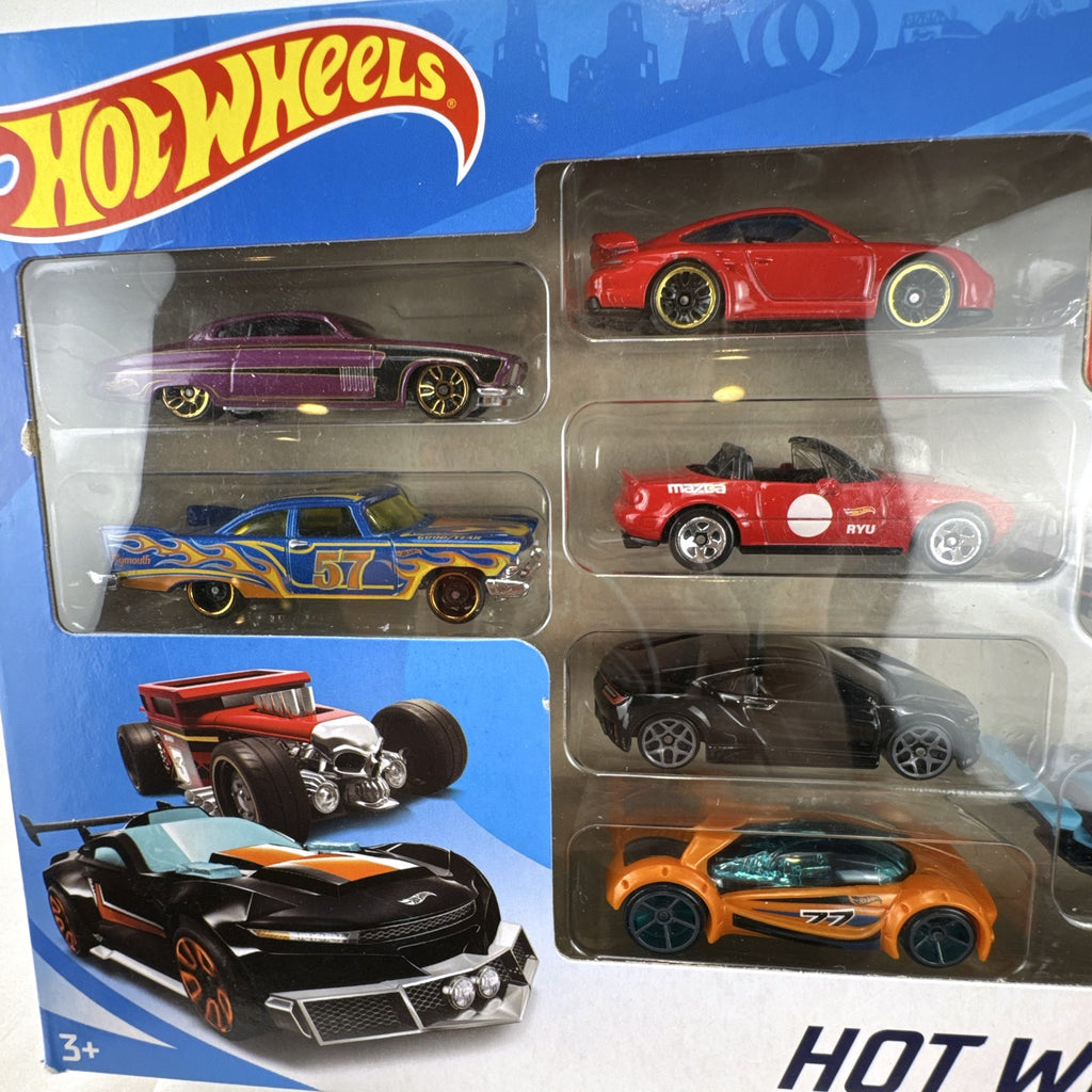 Hot Wheels 1:64 scale 9-car diecast lot including exclusive black '52 Hudson Hornet with flame graphics.