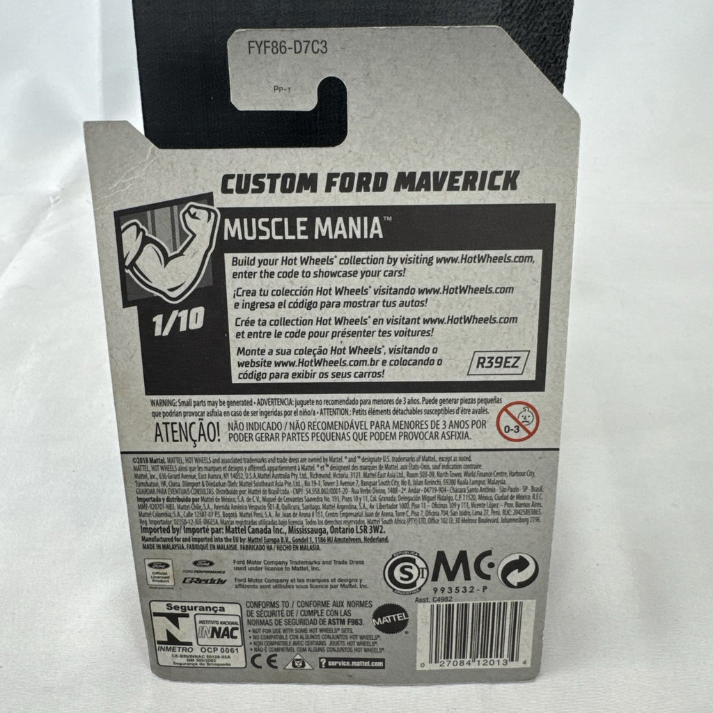Hot Wheels 1:64 scale Custom Ford Maverick diecast car in metallic gray with GReddy livery on original card