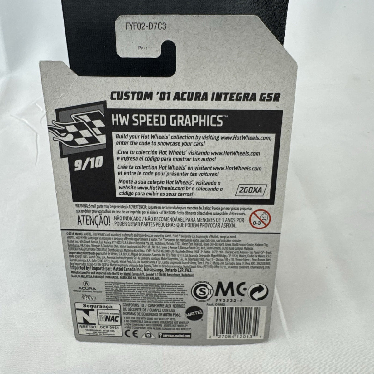 Hot Wheels 1:64 diecast Custom 01 Acura Integra GSR in black with yellow and purple KW suspension graphics on card.