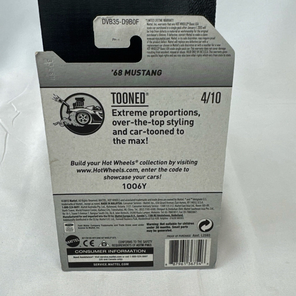 Hot Wheels Tooned '68 Ford Mustang 1:64 diecast car in blue with chrome engine in original packaging