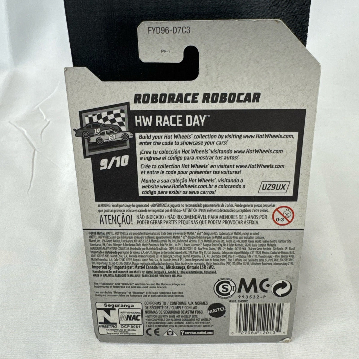 Hot Wheels 1:64 scale diecast Roborace Robocar in white with red accents in original blister pack.