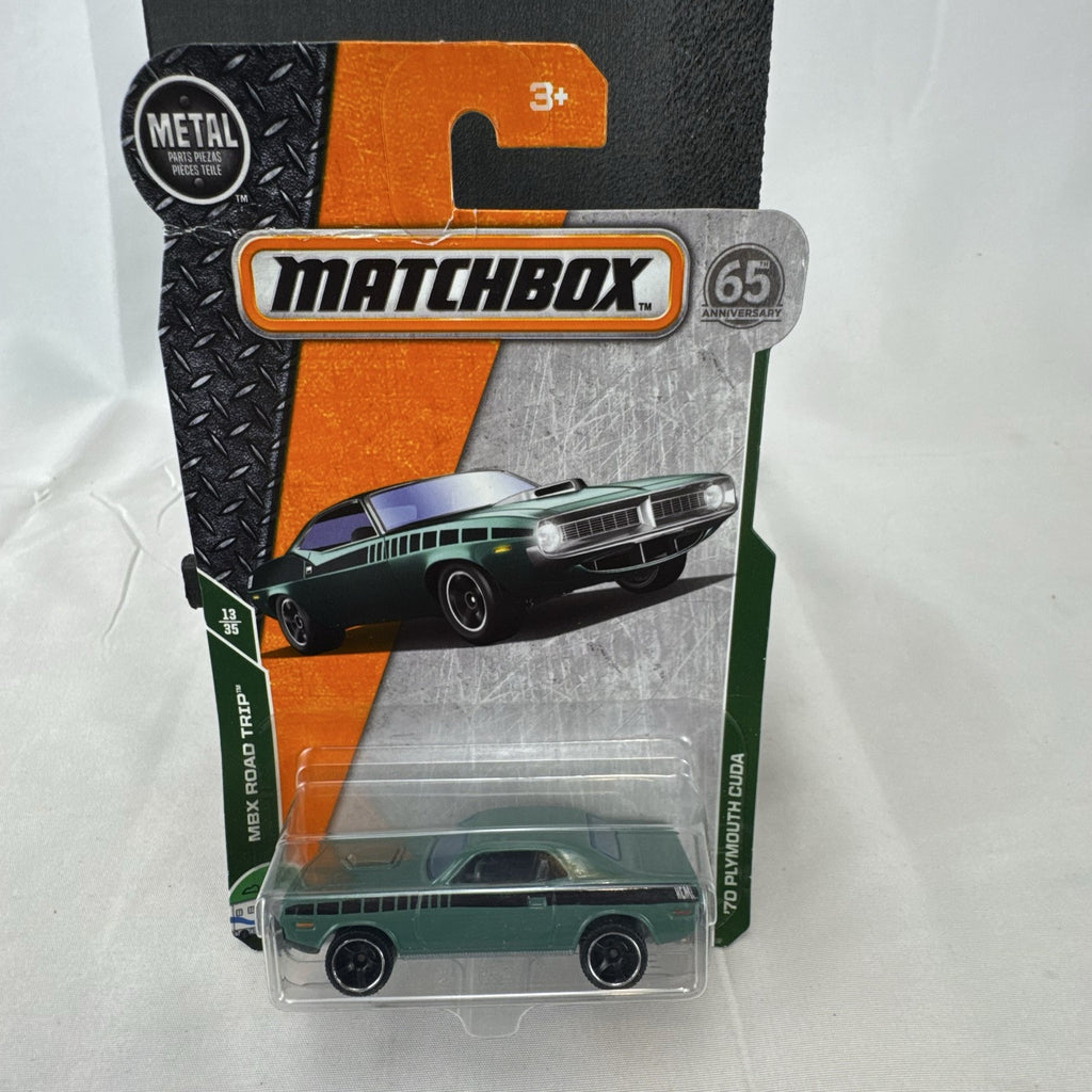 Matchbox 1970 Plymouth Cuda 1:64 scale diecast car in metallic green on original card