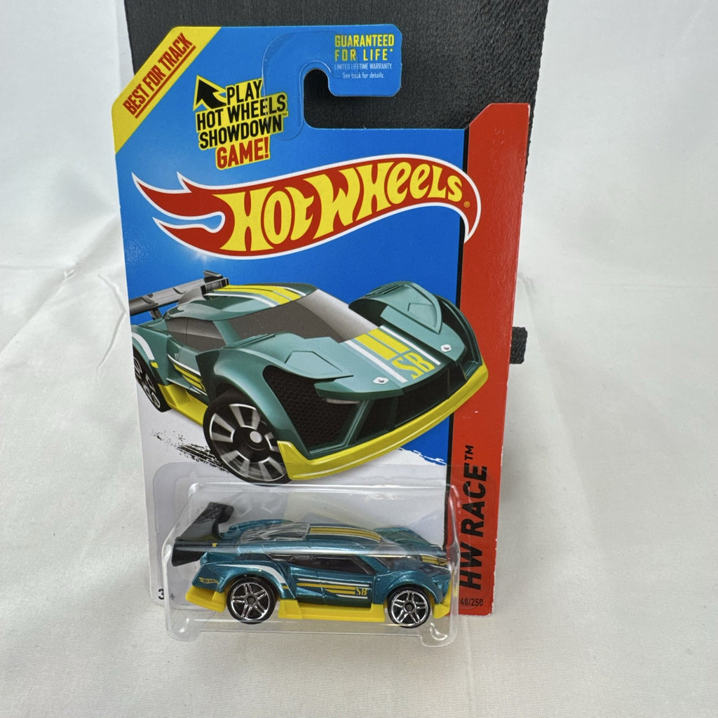 Hot Wheels Super Blitzen 1:64 diecast racer in metallic blue, packaged on original 2015 blister card.