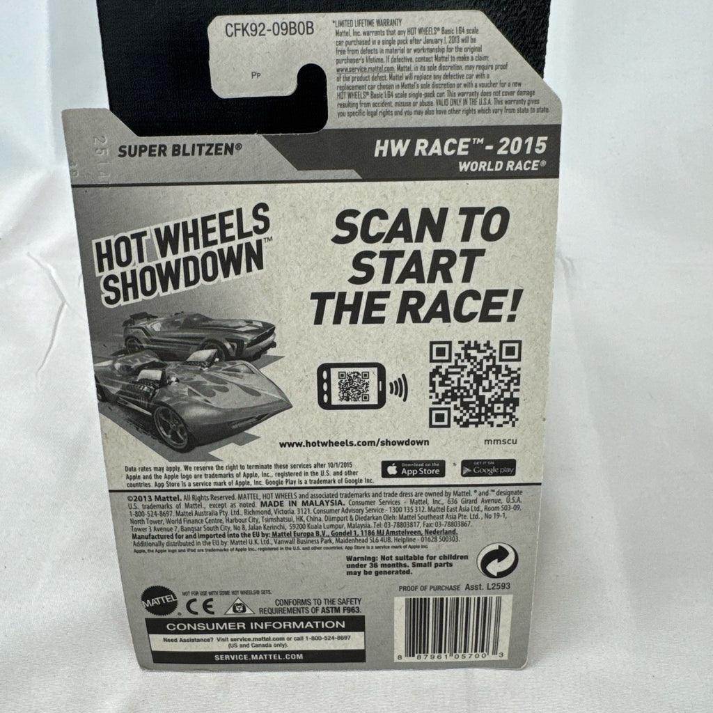 Hot Wheels Super Blitzen 1:64 diecast racer in metallic blue, packaged on original 2015 blister card.