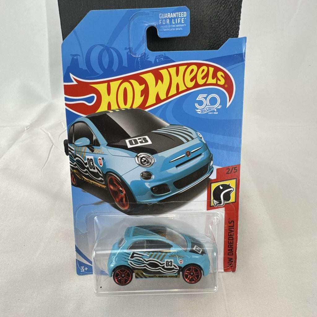 Sealed Hot Wheels 1:64 scale light blue Fiat 500 diecast car from the HW Daredevils series.