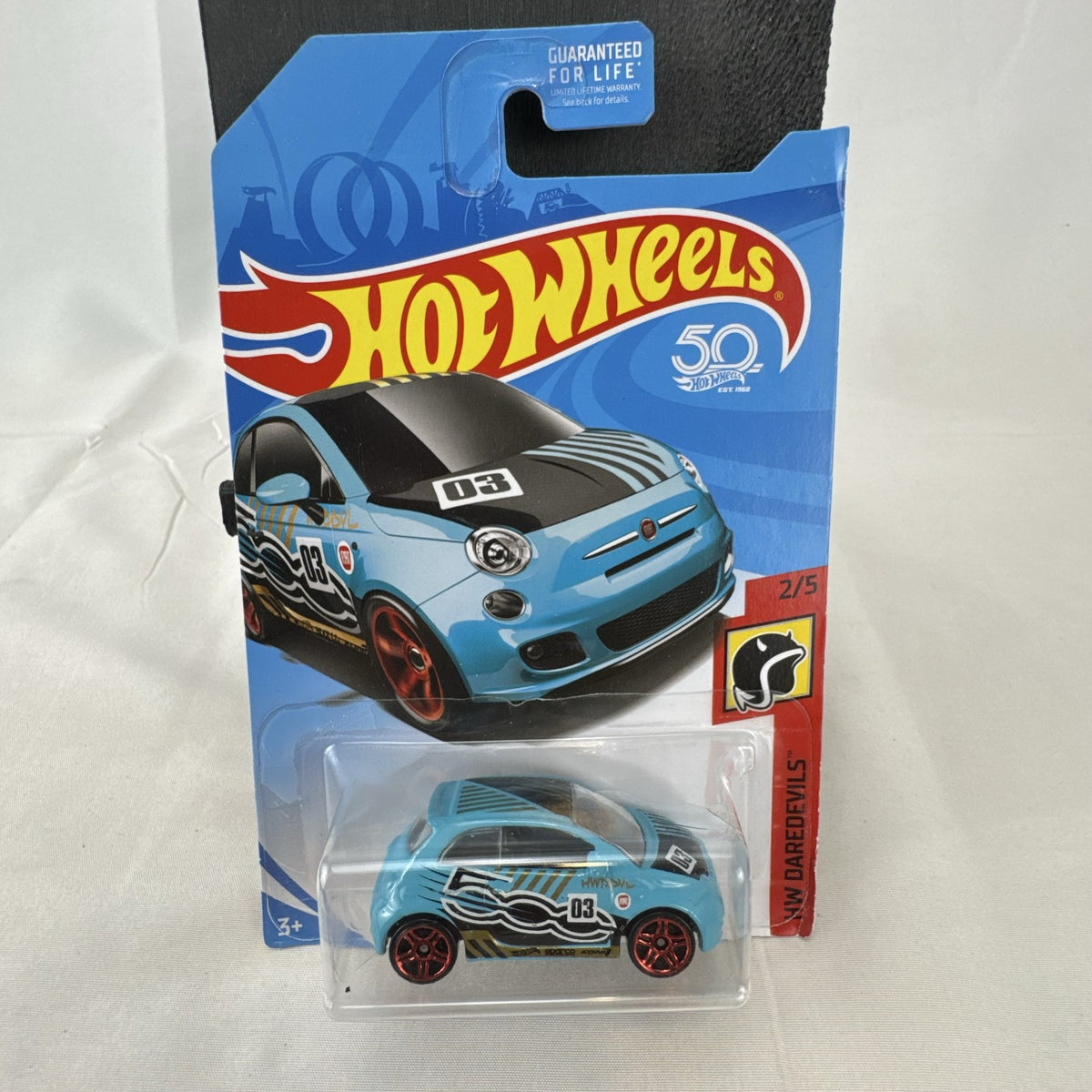 Sealed Hot Wheels 1:64 scale light blue Fiat 500 diecast car from the HW Daredevils series.