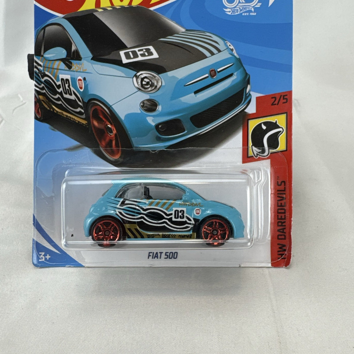 Sealed Hot Wheels 1:64 scale light blue Fiat 500 diecast car from the HW Daredevils series.