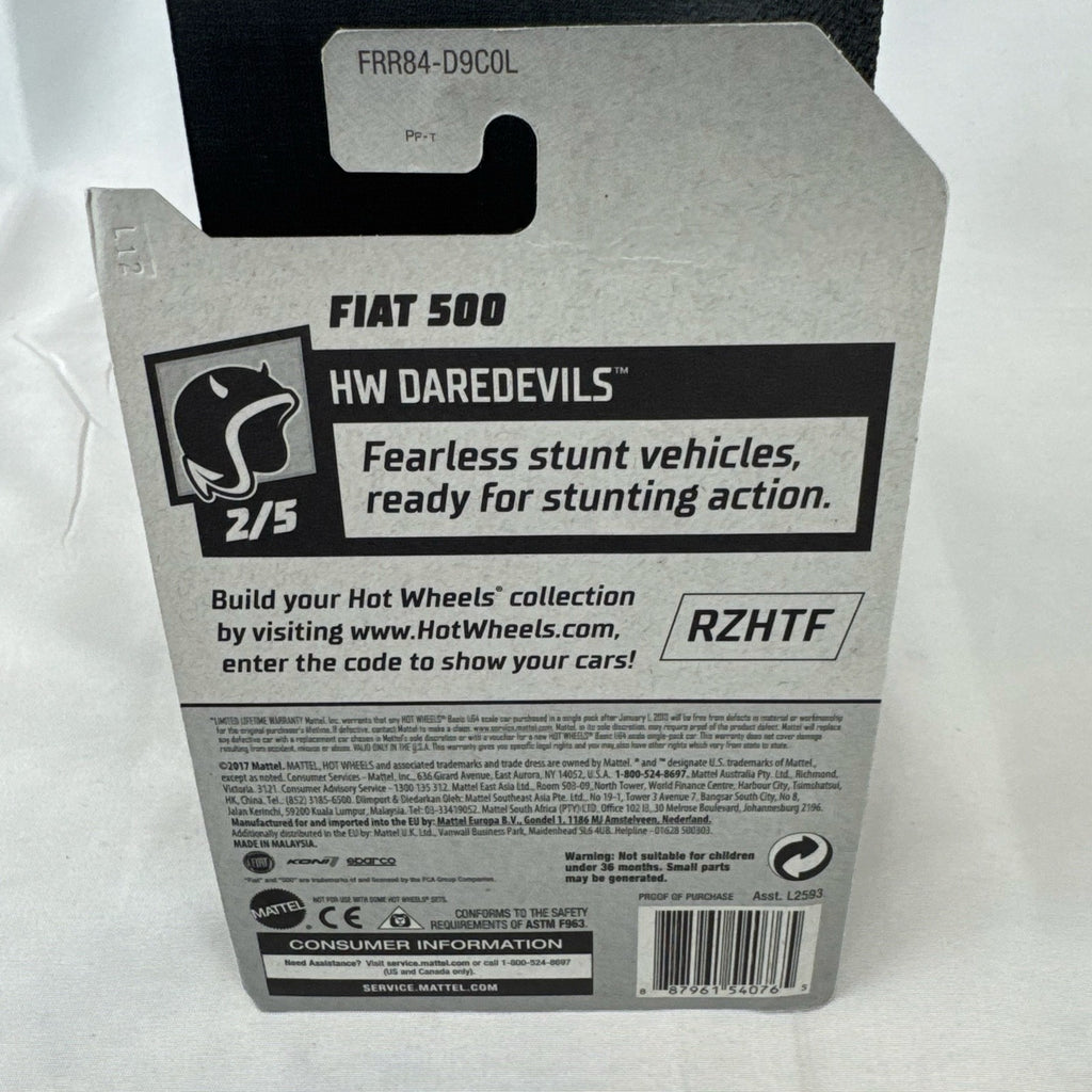 Sealed Hot Wheels 1:64 scale light blue Fiat 500 diecast car from the HW Daredevils series.