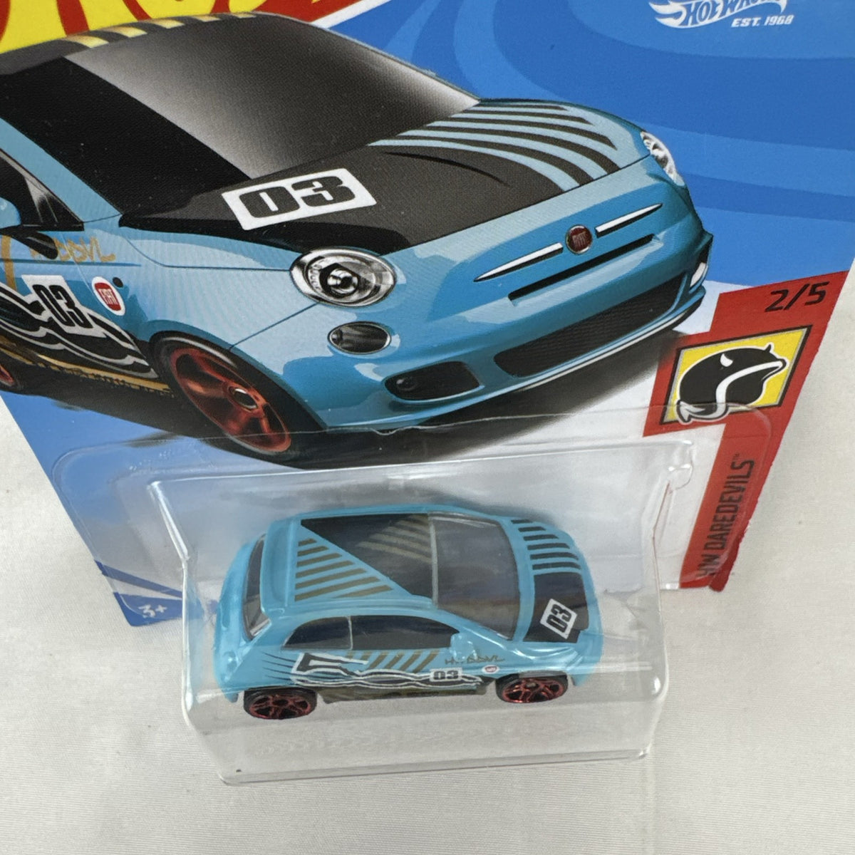 Sealed Hot Wheels 1:64 scale light blue Fiat 500 diecast car from the HW Daredevils series.