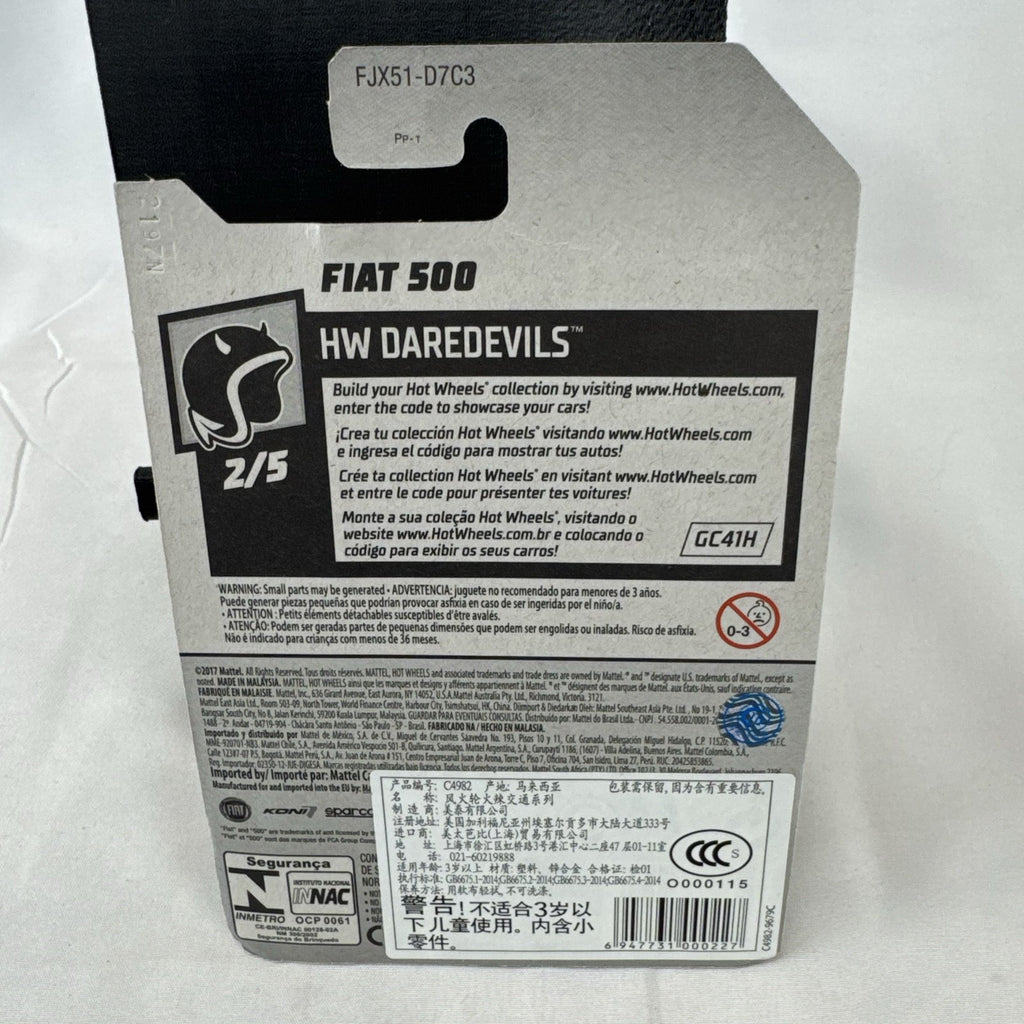 Hot Wheels Fiat 500 diecast car in bright orange sealed in HW Daredevils short card packaging