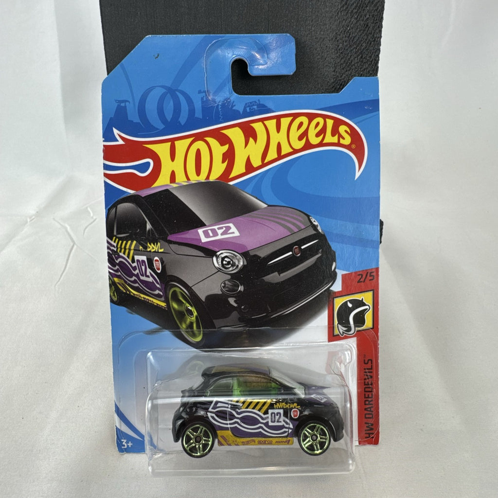 Hot Wheels HW Daredevils Fiat 500 diecast car in black with green wheels in original packaging