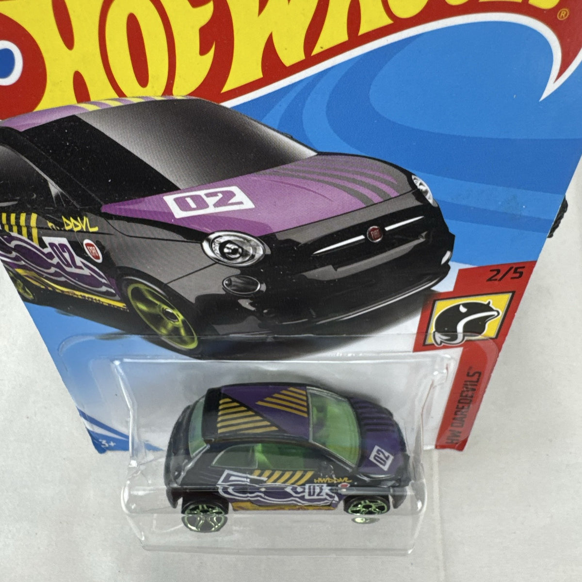 Hot Wheels HW Daredevils Fiat 500 diecast car in black with green wheels in original packaging