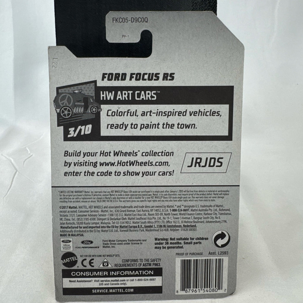 Hot Wheels 1:64 Ford Focus RS diecast car in white with blue blueprint graphics from the HW Art Cars series
