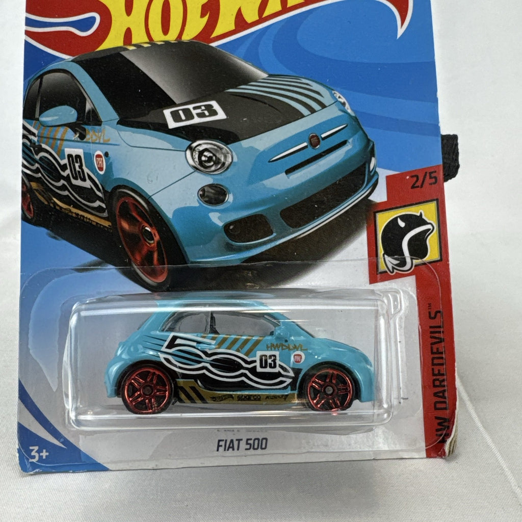 Hot Wheels 1:64 scale light blue Fiat 500 diecast car from the HW Daredevils series sealed on original blister card.