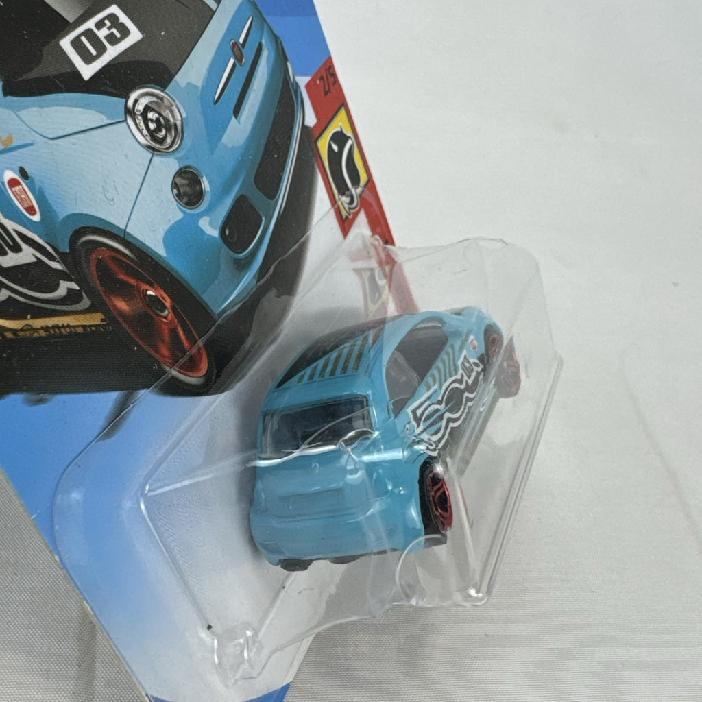 Hot Wheels 1:64 scale light blue Fiat 500 diecast car from the HW Daredevils series sealed on original blister card.