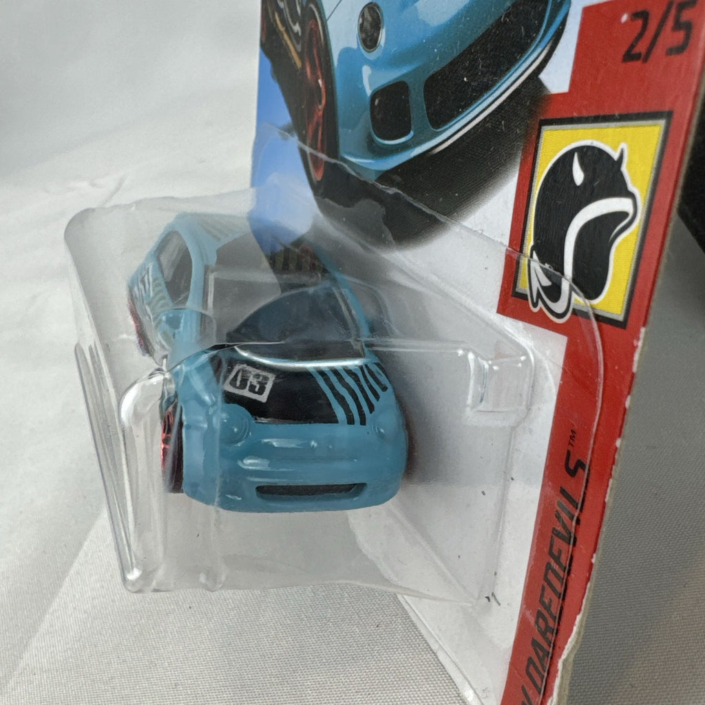 Hot Wheels 1:64 scale light blue Fiat 500 diecast car from the HW Daredevils series sealed on original blister card.