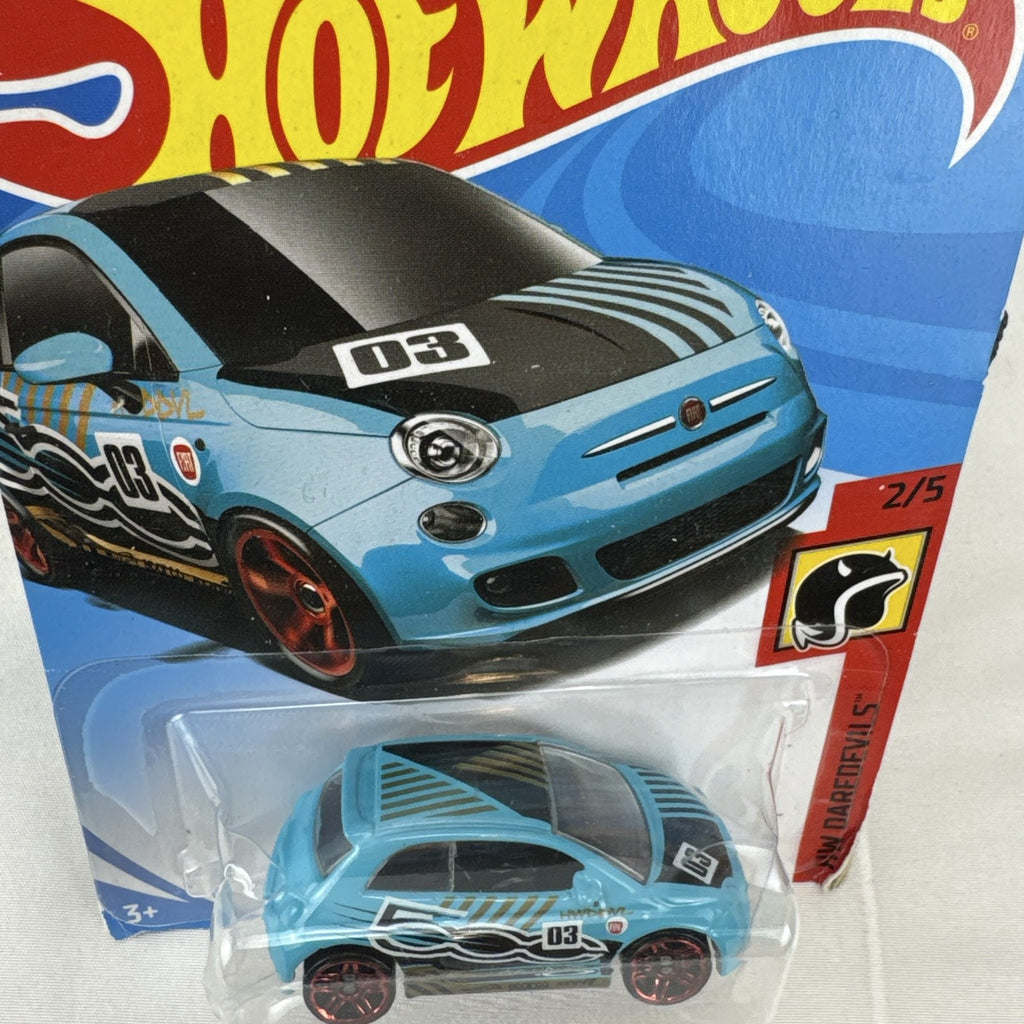 Hot Wheels 1:64 scale light blue Fiat 500 diecast car from the HW Daredevils series sealed on original blister card.