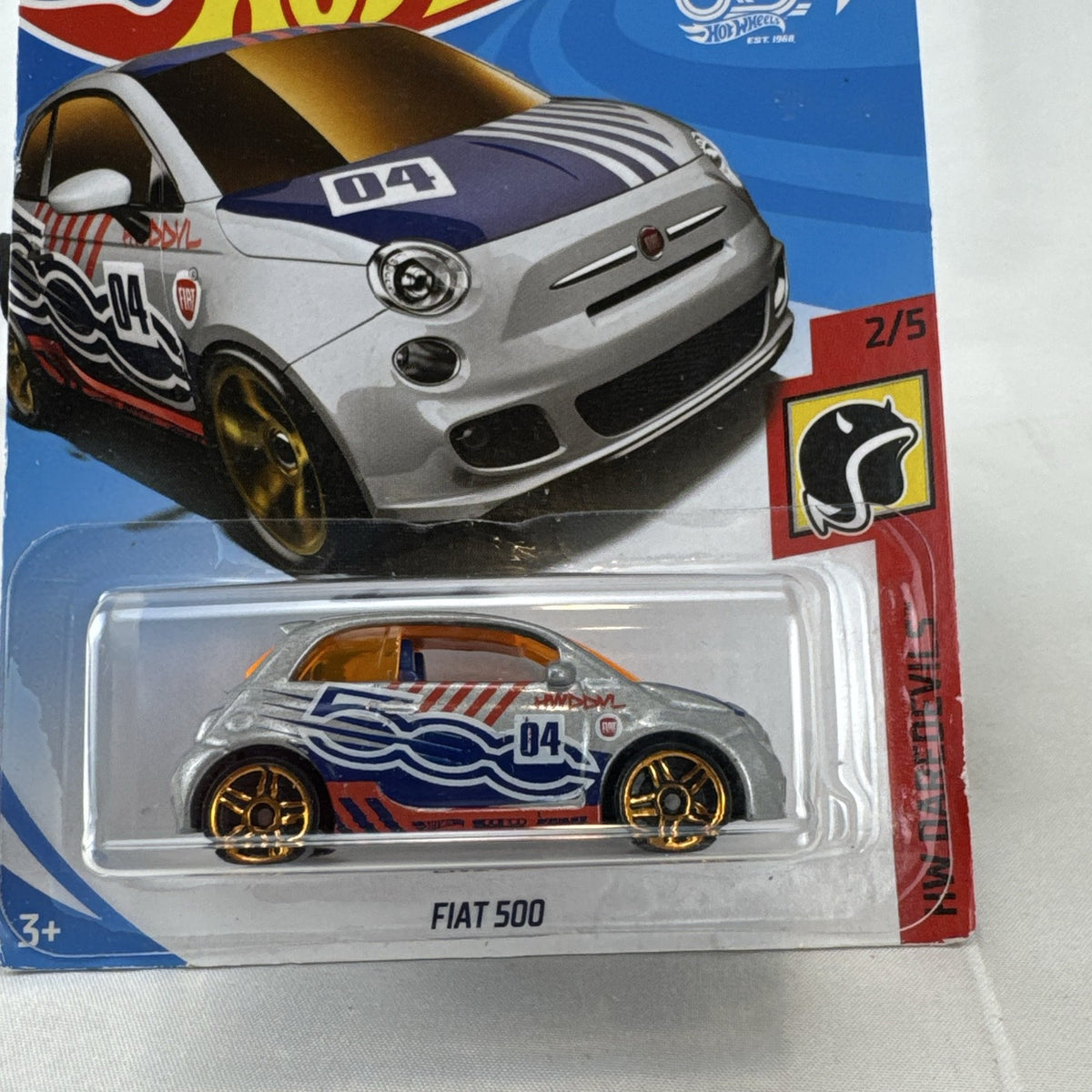Hot Wheels Fiat 500 1:64 scale silver diecast car in original HW Daredevils 50th Anniversary carded packaging.
