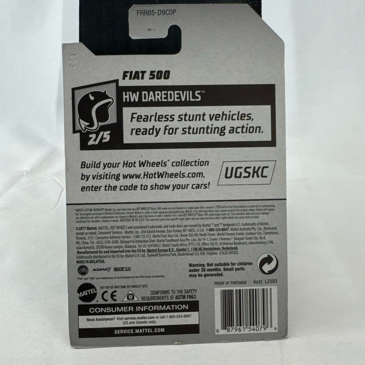 Hot Wheels Fiat 500 1:64 scale silver diecast car in original HW Daredevils 50th Anniversary carded packaging.