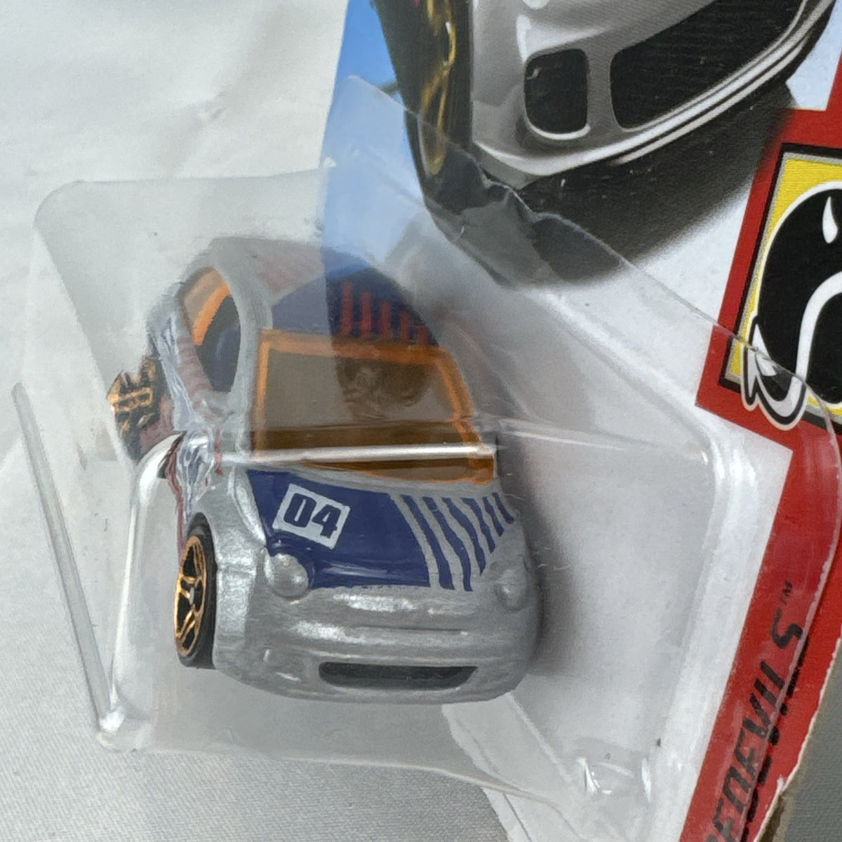 Hot Wheels Fiat 500 1:64 scale silver diecast car in original HW Daredevils 50th Anniversary carded packaging.