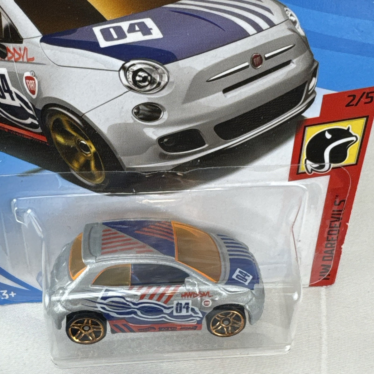 Hot Wheels Fiat 500 1:64 scale silver diecast car in original HW Daredevils 50th Anniversary carded packaging.