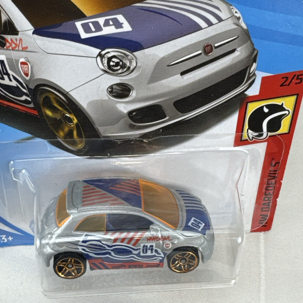 Hot Wheels 1:64 scale diecast Fiat 500 stunt car in metallic silver packaged on HW Daredevils blister card