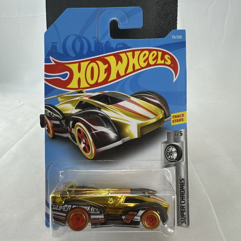 Factory sealed Hot Wheels ElecTrack 1:64 diecast car in gold chrome with red and white racing stripes on original card.