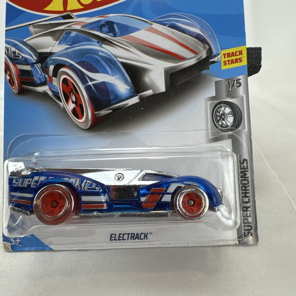 Hot Wheels Electrack 1:64 scale diecast car in blue chrome packaging from the 2017 Super Chromes series.