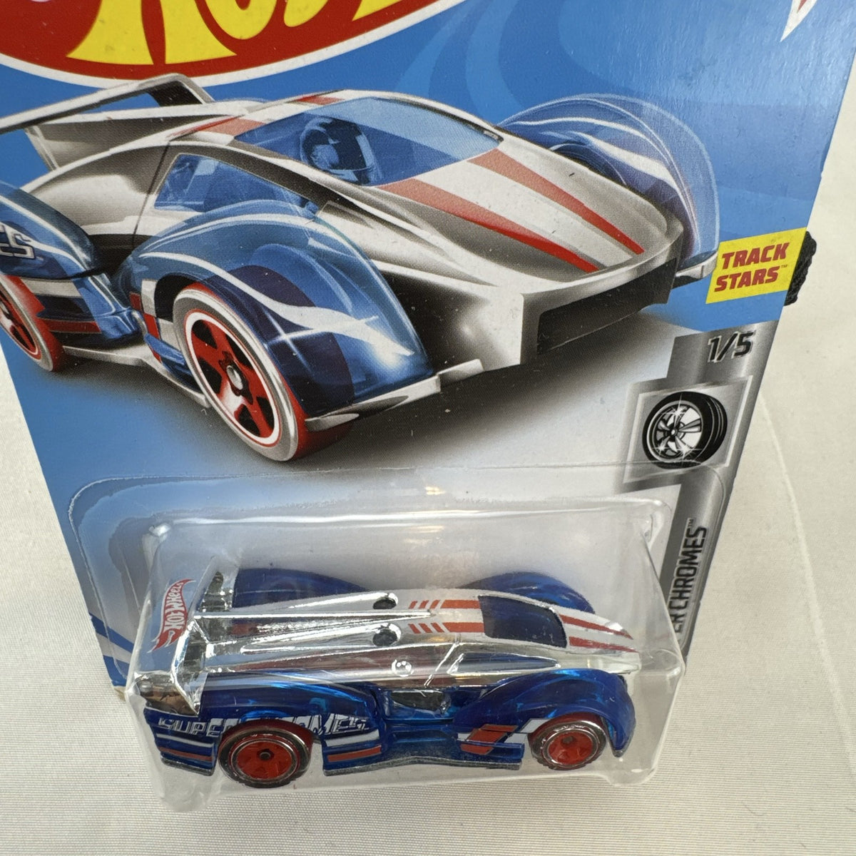 Hot Wheels Electrack 1:64 scale diecast car in blue chrome packaging from the 2017 Super Chromes series.