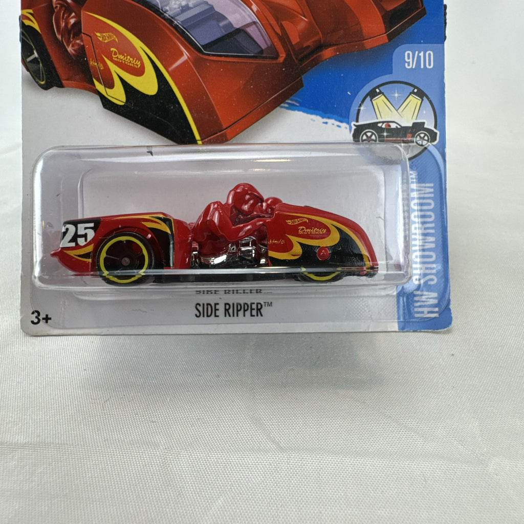 Hot Wheels 1:64 scale Side Ripper diecast car in red with flame graphics sealed on original 2016 card