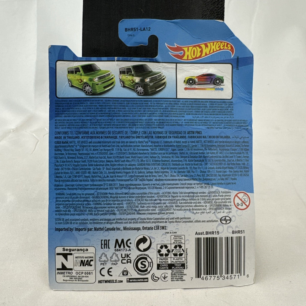 Factory sealed green 1:64 scale Hot Wheels Color Shifters Scion xB diecast car in original packaging