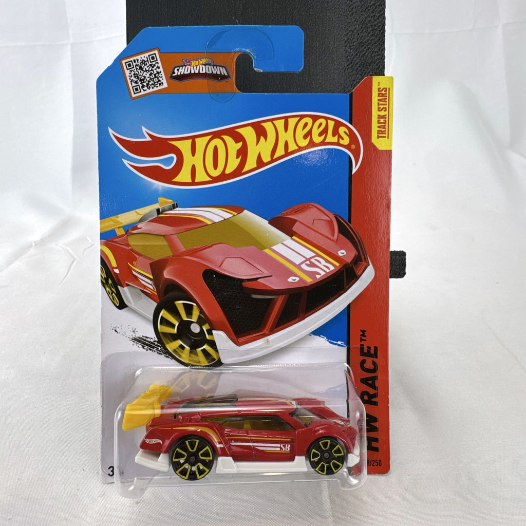 Hot Wheels Super Blitzen diecast car in red with yellow racing stripes and yellow spoiler in original blister package.