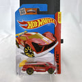 Hot Wheels Super Blitzen diecast car in red with yellow racing stripes and yellow spoiler in original blister package.