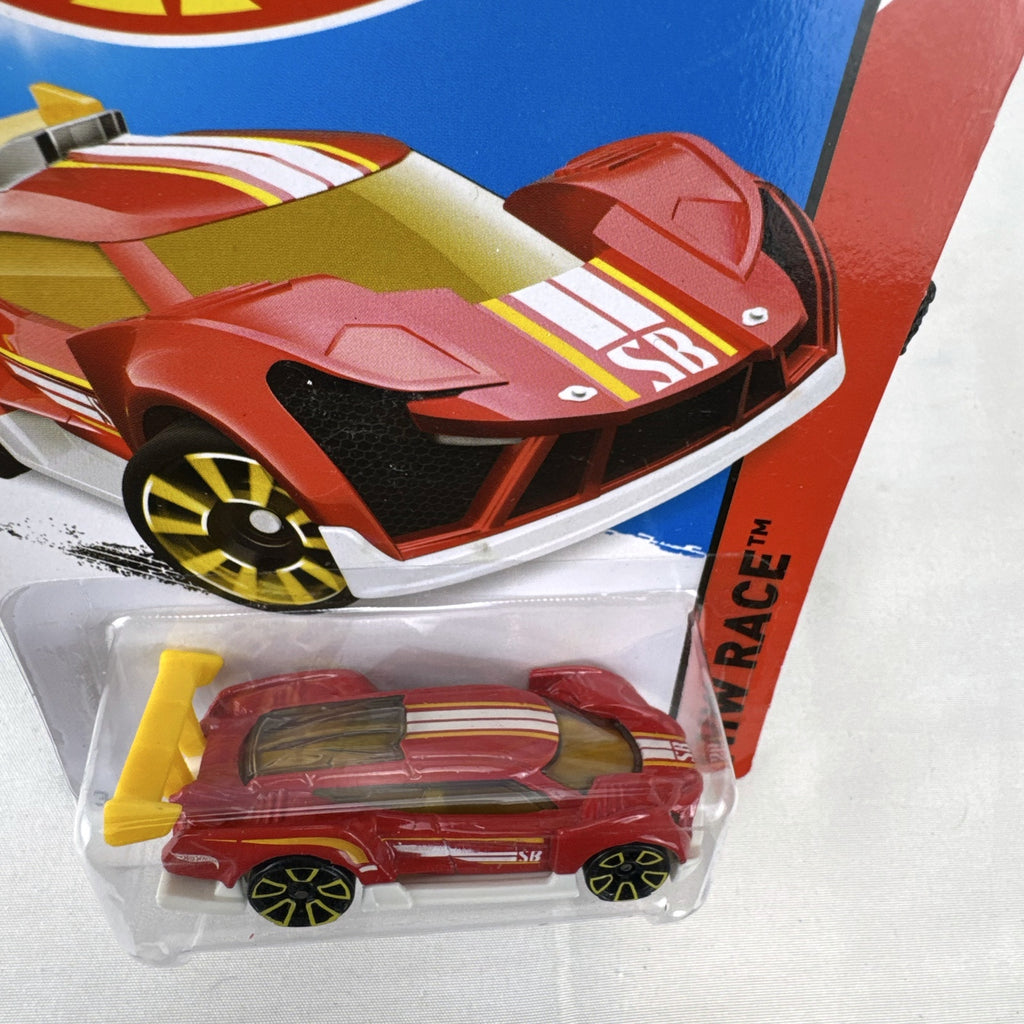 Hot Wheels Super Blitzen 1:64 scale diecast car in red, sealed in original HW Race blister packaging.