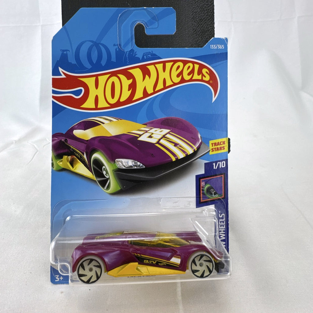 Hot Wheels 1:64 scale purple Crescendo diecast car factory sealed on 2017 HW Glow Wheels blister card.