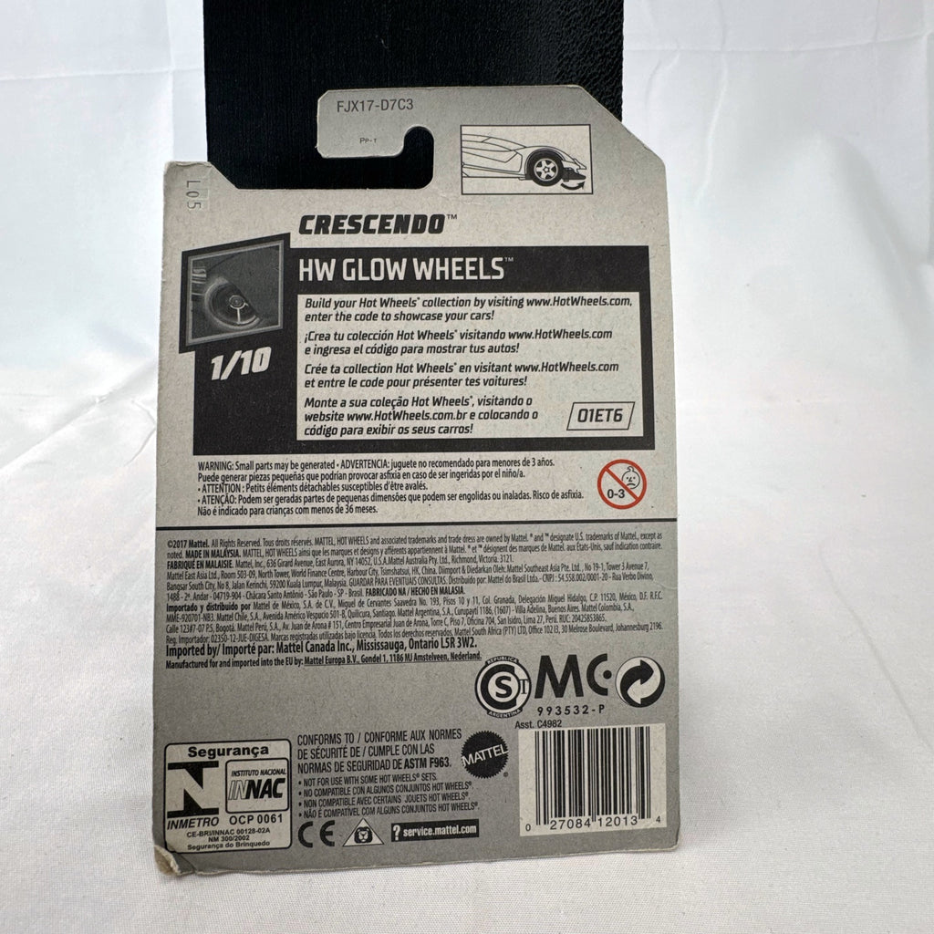 Hot Wheels 1:64 scale purple Crescendo diecast car factory sealed on 2017 HW Glow Wheels blister card.