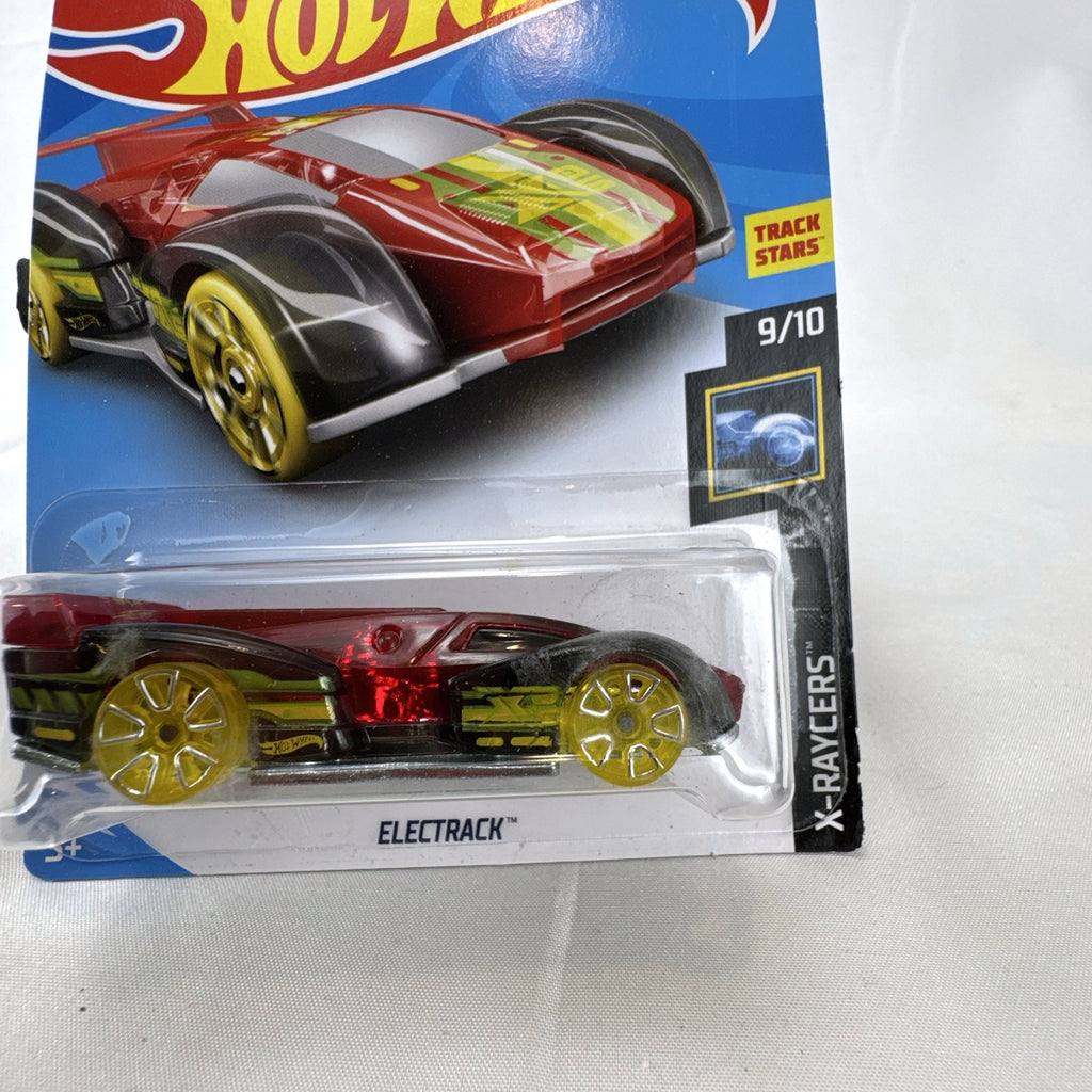 Hot Wheels Electrack diecast car in translucent red from the X-Raycers series factory sealed on card.