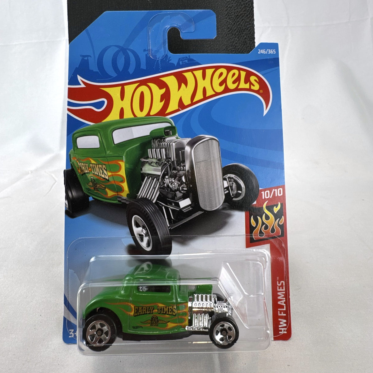 Sealed Hot Wheels 1:64 scale 1932 Ford coupe diecast car in green with HW Flames deco.