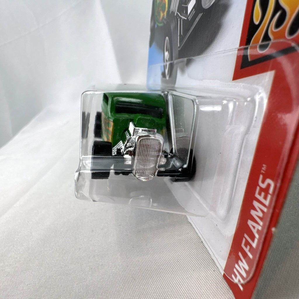 Sealed Hot Wheels 1:64 scale 1932 Ford coupe diecast car in green with HW Flames deco.