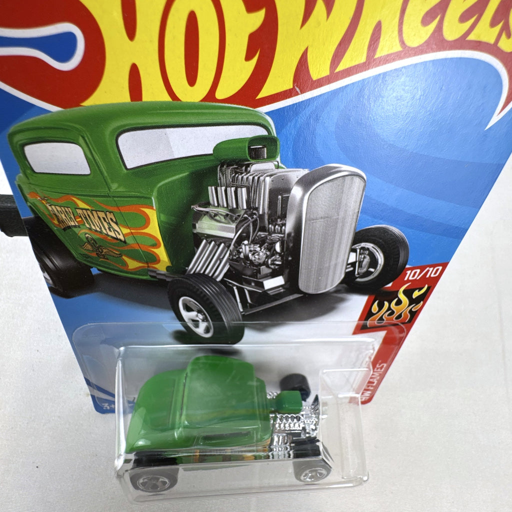 Sealed Hot Wheels 1:64 scale 1932 Ford coupe diecast car in green with HW Flames deco.