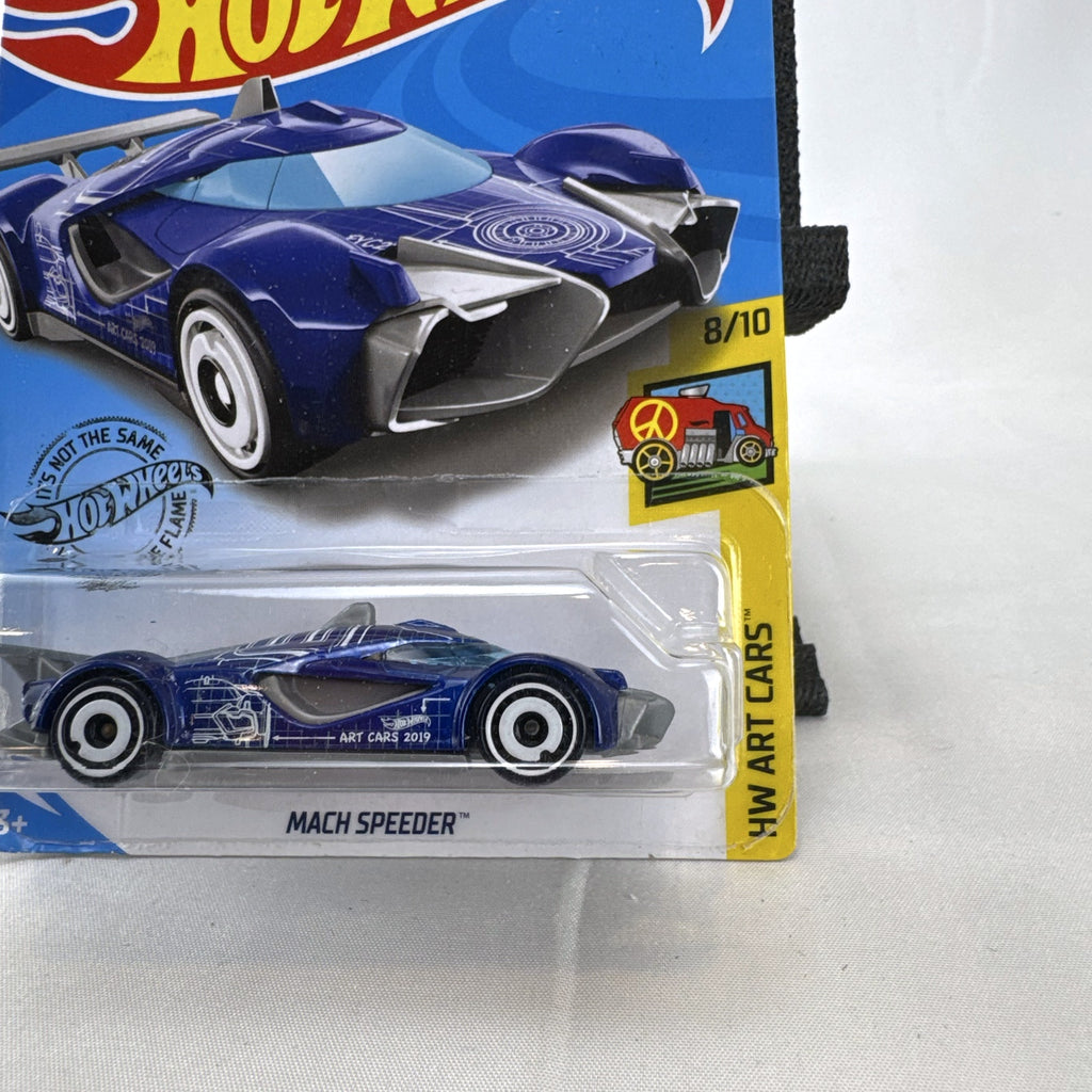 Hot Wheels Mach Speeder HW Art Cars diecast racer in blue with white blueprint graphics, sealed on card