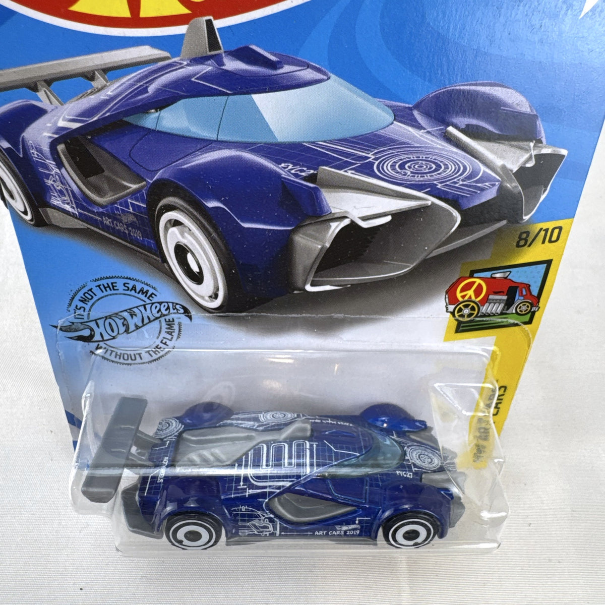 Hot Wheels Mach Speeder HW Art Cars diecast racer in blue with white blueprint graphics, sealed on card