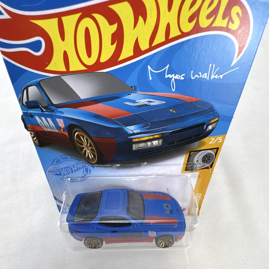 Hot Wheels 1:64 scale 1989 Porsche 944 Turbo in blue with Magnus Walker Urban Outlaw livery on card