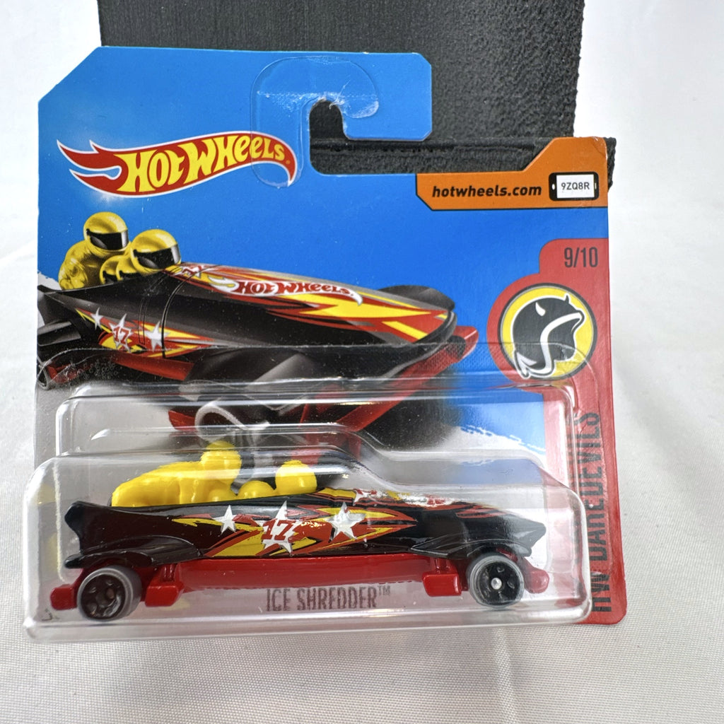 2017 Hot Wheels Ice Shredder diecast bobsled in black and red, factory sealed on HW Daredevils card.