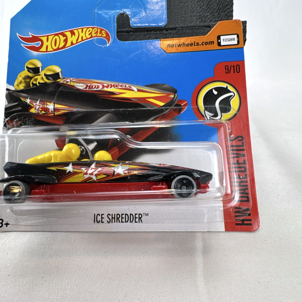 2017 Hot Wheels Ice Shredder diecast bobsled in black and red, factory sealed on HW Daredevils card.