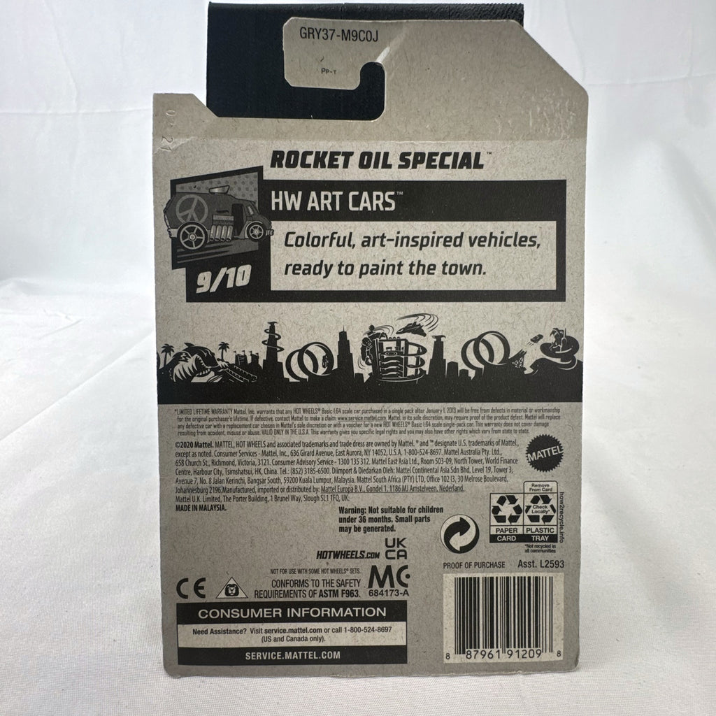 Hot Wheels 1:64 scale Rocket Oil Special diecast streamliner in purple art splatter card packaging